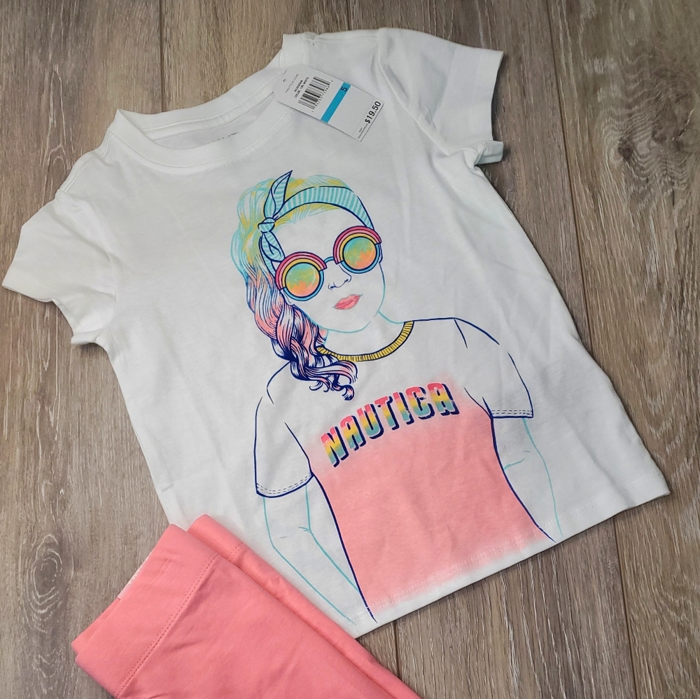 Girls 2pc Nautica white and coral short sleeve graphic tee and leggings Sz. 5